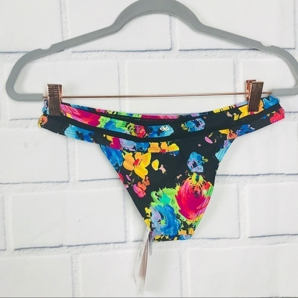 PilyQ Floral Black Net Trim Bikini Bottom Small - Picture 2 of 3